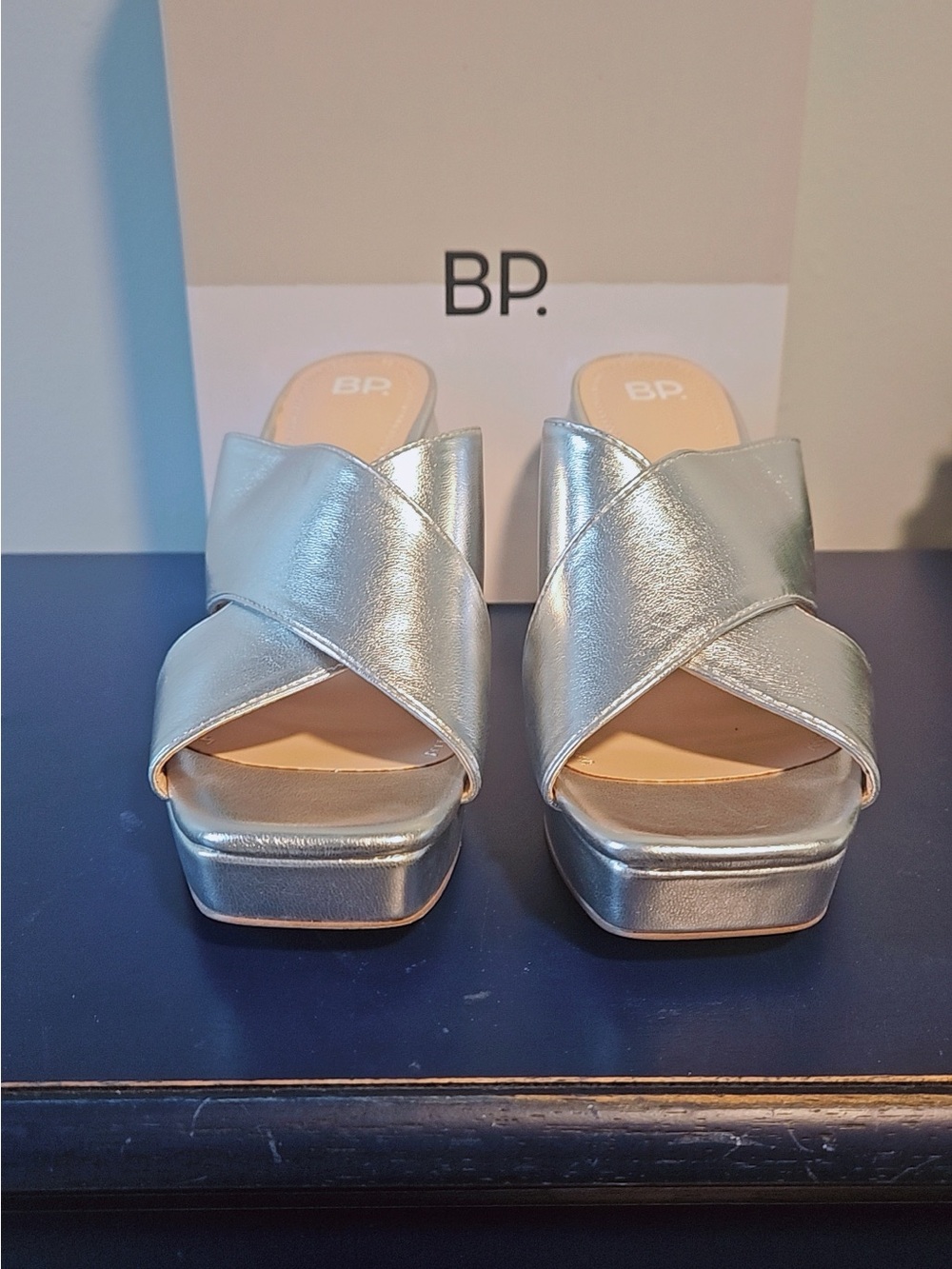 bp Metallic Silver Crisscross Platform Wedges